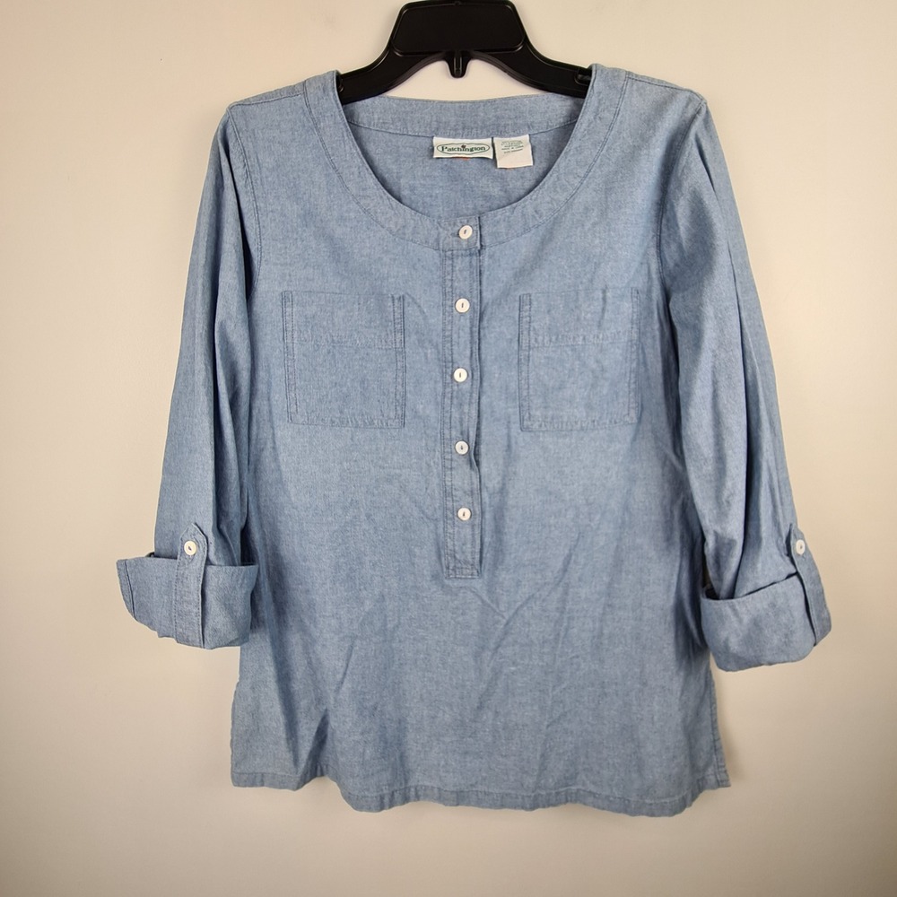 Patchington Womens Blue Cotton Chambray Roll Tab 3/4 Sleeve Henley Top Size M